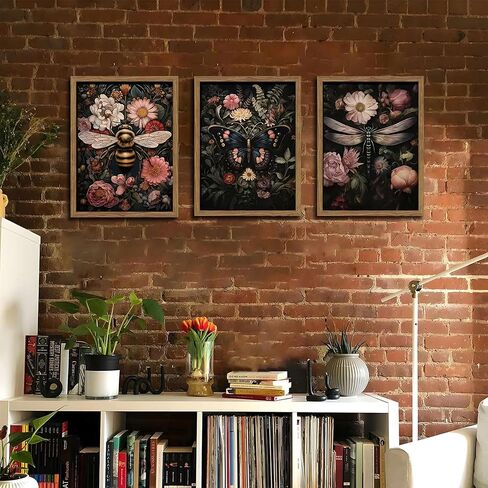 Vintage Insect Wall Art, Dark Moody Dragonfly Butterfly Bee Animal Wall Decor Paintings, Gothic Nature Floral Botanical Prints Pictures for Living Room Bedroom Home Decor 12x16 Inch Wood Framed in Saudi Arabia
