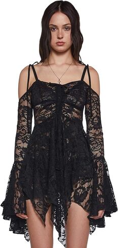 Dolls Kill F is for Fairies Handkerchief Dress by Current Mood - Off-Shoulder, Custom Fit Dress, Perfect for Fairycore Fashion - Black Lace, XX-Small in Kuwait