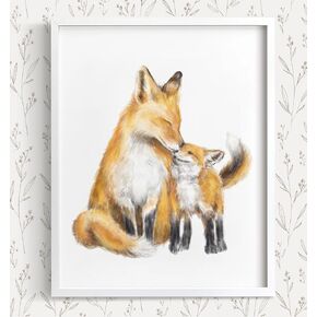 Baby Fox and Mom Art Print, Boho Wall Decor, Forest Animals, Nursery Minimalist Newborn Baby Room, Earth Tone Monochromatic, UNFRAMED, Signed by Artist (12x16")
