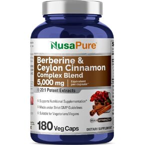 NusaPure Berberine with Ceylon Cinnamon 5000mg 180 Veggie Capsules, Vegetarian, Non-GMO Supplement, (Berberine Complex)