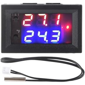 DC 12V All Purpose Digital Temperature Controller Thermostat with Sensor Programmable Dual Color LED Display Monitor