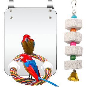 Bird Cage Mirror, Bird Mirror with Perch Rope for Cage Cockatiels Cotton Rope Standing Bar Parrot Mirror with Parrot Molar Toy Pendant