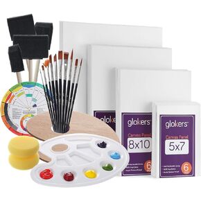 Glokers Canvas Panels Painting Kit | Art Supplies Set Includes Paint Palette, Sponge Brushes, Canvases, Paintbrushes & Mixing Wheel | Warp-Free Painting Canvas Great for Acrylic, Oil & Watercolor