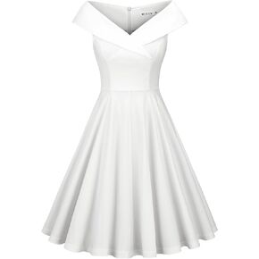 MUXXN Women's 50s Retro Sleeveless Midi V Neck Swing A Line Flared Cocktail Party Midi Dress Off White M