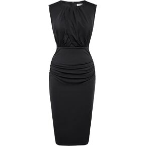 GRACE KARIN Women's Ruched Bodycon Dress Summer Sleeveless Front Drape Patchwork Crew Neck Midi Cocktail Dress