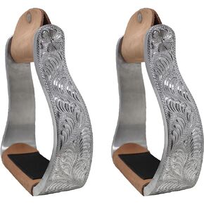 Western Saddle Engraved Aluminum Horse Riding Stirrups w/Leather Tread 51155