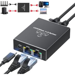 Ethernet splitter 1 to 3 way internet and tv 2 ports rj45 lan port adapter for 3 computer 1000Mbps Gigabit high speed network hub connector 8p8c cat5/5e/6/7/8 cable Networked Simultaneously for router