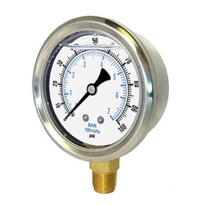 PIC Gauges AG-201L-254P Bottom Mount Glycerin Filled Single Scale Pressure Gauge w/ SS Case/Bezel, Brass Internals, Plastic Lens, 2.5" Dial, 1/4" Male NPT, 0-3000 psi Range
