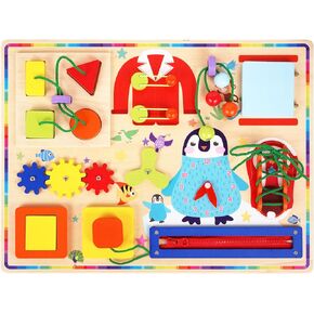 Wooden Busy Board for Toddlers Montessori Toy Sensory Activity Board to Learn Basic Life Skills & Develop Fine Motor Skills Travel Busy Board Perfect Christmas Birthday Gift for Boys & Girls
