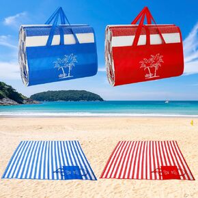 Woanger 2 Pieces Tatami Straw Ground Mat Foldable Waterproof Handy Mat with Strap Portable Straw Beach Mat RV Outings Camping Outdoor Travel Hiking Lawn, 60'' L x 78'' W, Red and Blue