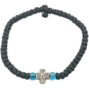 Blessed Handmade Greek Christian Orthodox Waxed Prayer Rope from Mt.Athos (Komboskoini Chotki) Thin Black with cross and beads Fragrance With Holy (Chrism- Myrrh)