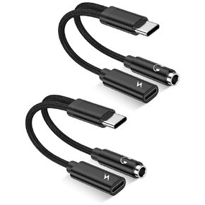 2Pack 2 in 1 USB C to 3.5mm Aux Adapter, Android Dongle C to C Fast Charging for Samsung Galaxy, Apple iPhone 15 Headphone Jack Adapter, 60W PD Aux Audio Cord Adoptor, Aux Male to Female Converter