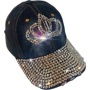 Popfizzy Bling Hat for Women, Fun Bedazzled Rhinestone Baseball Cap, Bejeweled Distressed Denim Hat, Bling Gifts for Women