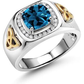 Gem Stone King Men's 925 Silver and 10K Yellow Gold 8MM Cushion Cut Gemstone Birthstone and White Lab Grown Diamond Ring for Men | Available In Size 7, 8, 9, 10, 11, 12, 13
