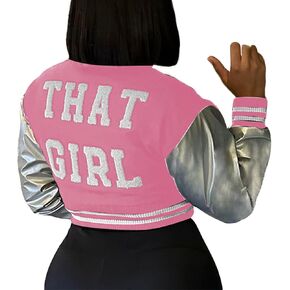 جاكيت اسكواش للنساء من Xaspee جاكيت قصير للبيسبول فضي من الجلد الصناعي بأكمام مطرزة من الخلف ليترمان جاكيت منفوخ in Kuwait