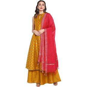 Janasya Indian Women's Mustard Foil Printed Kurta With Palazzo And Dupatta