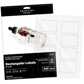2x3 inch Clear Rectangle Stickers Labels Glossy Transparent for Laser Printer, Pack of 200, Printable Vinyl Sheets for Packaging Address Mail Business Craftiff