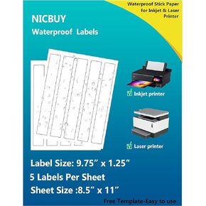 100 Pcs Bottle Labels 9.75x1.25 inch Printable Glossy White Waterproof Vinyl Sticker Labels for Inkjet or Laser Printer