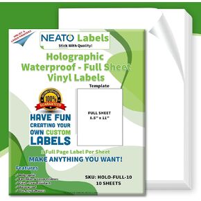 Holographic Vinyl Sticker Paper - 10 Sheets - Self-Adhesive, Waterproof, Tear-Resistant Custom Labels for Inkjet & Laser Printers, All Cutting Machines - Customizable Full Sheet Stickers