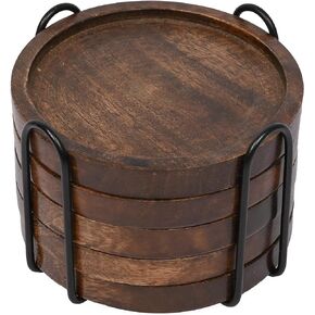 Mango Wood Coasters for Drinks with Iron Holder Stand Set of 5 for Drinking Glasses, Tabletop Protection for Any Table Type