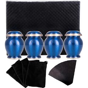 Tiny Urn for Human Ashes Remains - Men and Women - Set of 4 - Gift Pack of Four Mini Marble Blue Keepsake Urns for Ashes with 4 Velvet Bags A Paper Funnel and A Stunning Gift Box