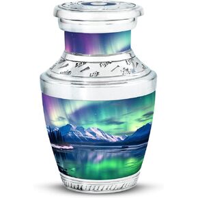 Aurora Borealis Over Nountains and River in Front - Memorial Keepsake urns - Urn Adult Human Ashes - 3 Inch - Pack of 1 - Cremation Burial urns - Urn for Ashes for Men - Urns for dad - Mini Urn
