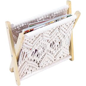 Macrame Magazine Rack Boho Storage Holder Standing Basket for Books, Boho Home Decor Collapsible Storage Standing Basket for Vinyl Record Album Books Newspapers Blanket Home Office Decor