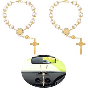 2 Pieces Car Rosary for Rearview Mirror, Rearview Mirror Auto Rosary Beads Car Medal and Cross Hanging Accessories for Mirror Interior Decors for Women Men (Gold)