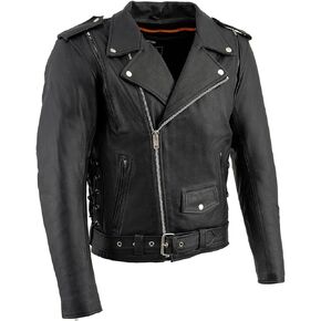 Milwaukee Leather LKM1775 Black Leather Motorcycle Jacket for Men, Thick Brando Style Biker Jacket w/Side Lace