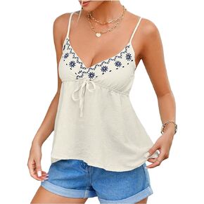 COZYEASE Women's Floral Embroidery Knot Front Cami Tops Peplum Sleeveless V Neck Tank Top