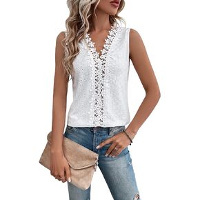 OYOANGLE Women's Guipure Lace V Neck Vest Tank Top Sleeveless Workwear Office Blouse White L