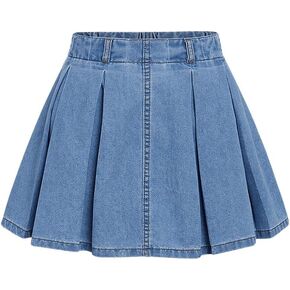 Verdusa Girl's Pleated Denim Skirt Elastic Waist A Line Flared Mini Skirt Medium Wash 12-13Y