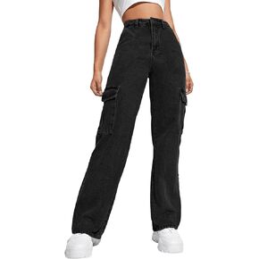 Haloumoning Girls Jeans Denim Elastic High Waisted Wide Leg Baggy Cargo Pants with Pockets 5-14 Years