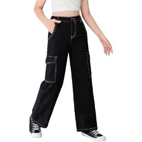 SweatyRocks Girl's Casual Elastic Waist Zip Up Denim Pants Straight Leg Cargo Jeans with Pocket Solid Black 9Y