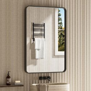 Brushed Nickel Bathroom Mirror, 60x40 Inch Thick Silver Metal Rectangle Frame Wall Mirror, Modern Round Corner Bathroom Vanity Mirror for Over Sink, Bedroom, Living Room, Entryway