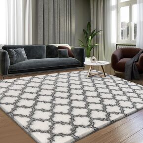 Shag Area Rug 5x7 Feet Extra Soft Rugs for Living Room, High Pile Indoor Carpet for Bedroom, Kids Room, Nursery, Home Decor, Geometric, Dark Grey/White