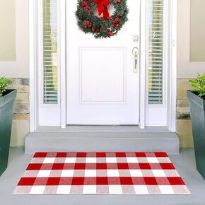 سجادة USTIDE قطنية منقوشة بافلو باللونين الأحمر والأبيض، مقاس 23.6 بوصة × 51 بوصة، سجاد داخلي أو خارجي منسوج يدويًا لسجاد الباب ذو الطبقات، سجادة قابلة للغسل للشرفة الأمامية/المطبخ/المزرعة/المدخل in Kuwait
