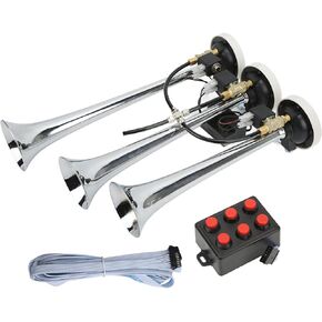 Car 3 Musical Trumpet, DC 12V/24V Super Loud Sound 145dB Chrome Plated Truck Musical Air Horn with 6 Different Tones, Music Airhorn for Trcuk Car Yacht
