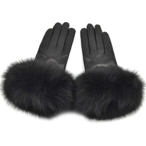 Women Genuine Lambskin Leather Winter Lined Gloves with Fox Fur Trim in Saudi Arabia