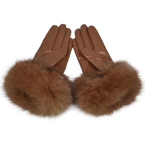 Women Genuine Lambskin Leather Winter Lined Gloves with Fox Fur Trim