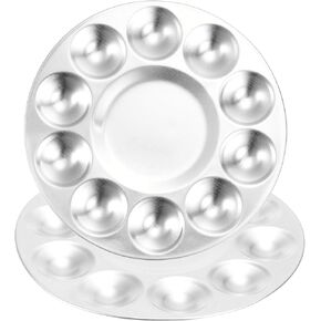 PATIKIL 10 Well Paint Tray Palette, 2 Pack Washable Paint Palette Aluminum Paint Tray Round for Watercolor Painting Art Class Craft DIY Project, Silver