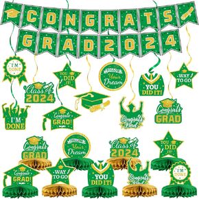 21 Pieces Black and Gold Themed 2024 Graduation Decorations Set includes Congrats Grad Banner, Honeycomb Centerpieces, Hanging Swirl Kit for High School & College Celebrations Party Supplies