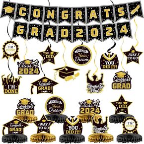 مجموعة ديكورات التخرج 21 قطعة 2024 تتضمن لافتة Congrats Grad وقطع مركزية على شكل قرص العسل ومجموعة دوامة معلقة لاحتفالات المدرسة الثانوية والكلية لوازم الحفلات ذات الطابع الماروني والذهبي in Kuwait
