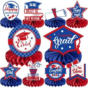 10 PCS Graduation Party Decorations Class of 2024 Blue and Gold Graduation Honeycomb Centerpieces Congrats Grad Table Centerpieces Congratulate Graduation Table Toppers for Grad Party Favor Supplies