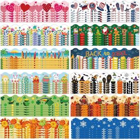 Geyee 180 Pcs Holiday Bulletin Board Borders Decorations Spring Easter Valentine's Day Summer Scalloped Border Trim Classroom Borders Bulletin Board Trim for Classroom School, 12 Design (Cute)