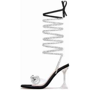 Clear Heels Diamante Bow Heels Lace Up Strap Rhinestone Sparkly Stiletto Heel Sandals