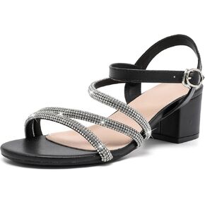 DADAWEN Women's Strappy Open Toe Rhinestone Low Block Chunky Heels Sandals Ankle Buckle Heeled Sandals Wedding Party Dress Pumps Shoes