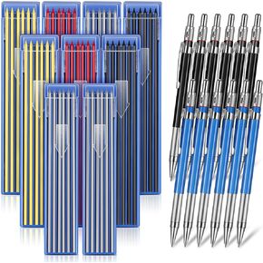12 Pieces Welder Pencil with 108 Pieces Round Silver and Colorful Refills Mechanical Pencil Metal Marker with Built in Sharpener Pen for Construction Workers, Metal Work, Plumbers, Framers
