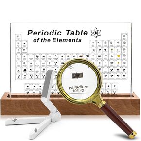 Periodic Table with Real Elements Inside - Includes Magnifying Glass, Wooden Stand, Tripod - Transparent Acrylic Glass - 83 Elements - Educational Gift for Teachers and Students - Large Size