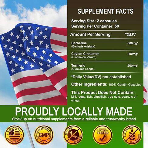 Berberine Capsules Ceylon Cinnamon & Turmeric - Berberine HCL Dietary Supplement for Men and Women – Non GMO Berberine 1000mg, Immune System Booster in Saudi Arabia